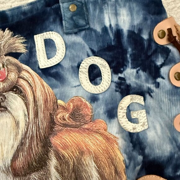 Tie-Dye Dog Print Corduroy Tote Bag With Fringe Details Zipper Pocket - Picture 8 of 13